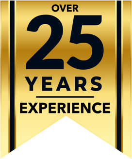 Metallic-effect gold award-style ribbon hanging over the text box with the text 'over 25 years experience'.