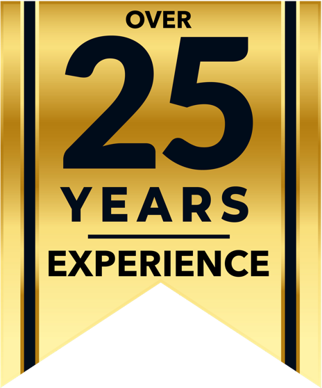 Gold award-style banner with the text 'over 25 years experience'.